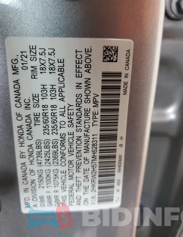 2HKRW2H57MH628311 Photo# 14