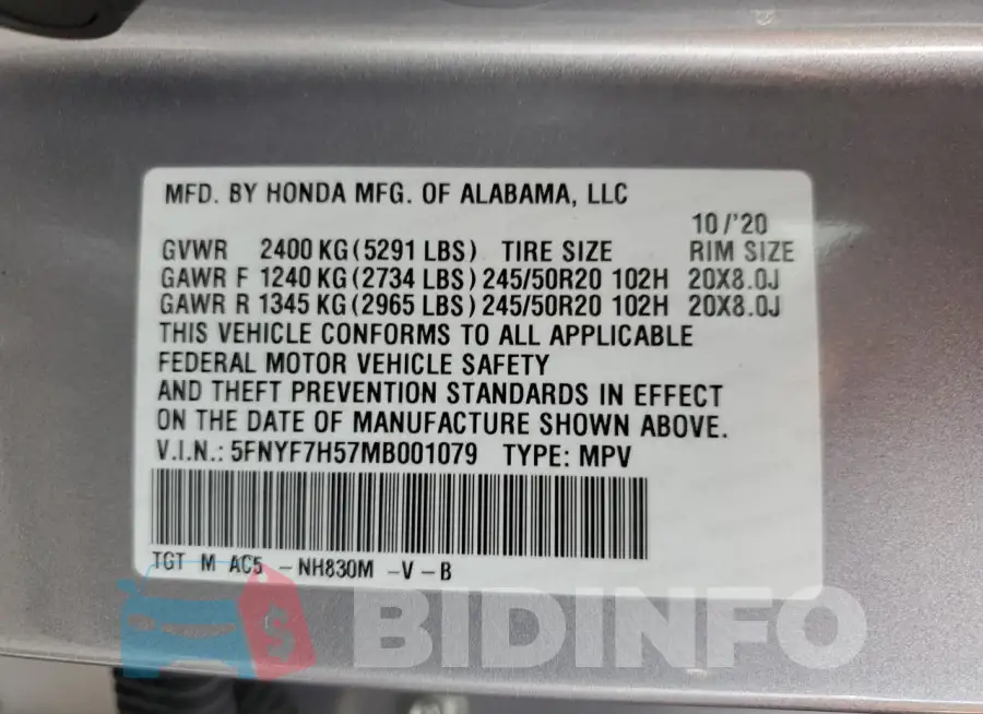 5FNYF7H57MB001079 Photo# 13