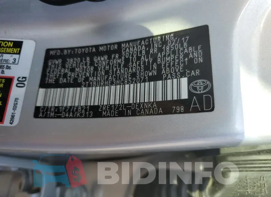 2T1BURHE3HC852071 Photo# 12