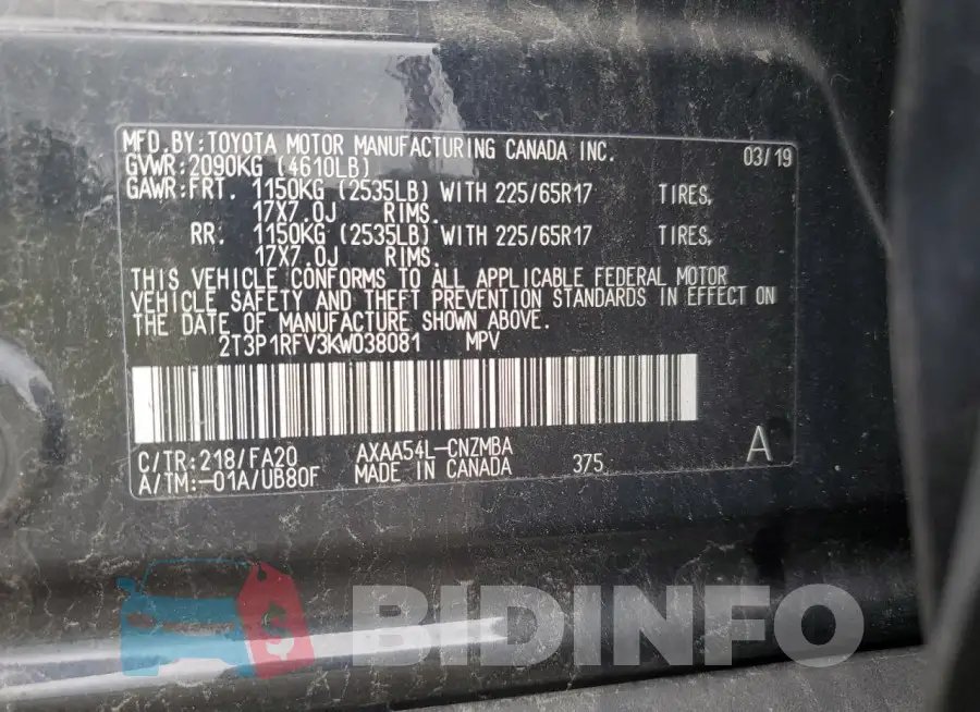 2T3P1RFV3KW038081 Photo# 13