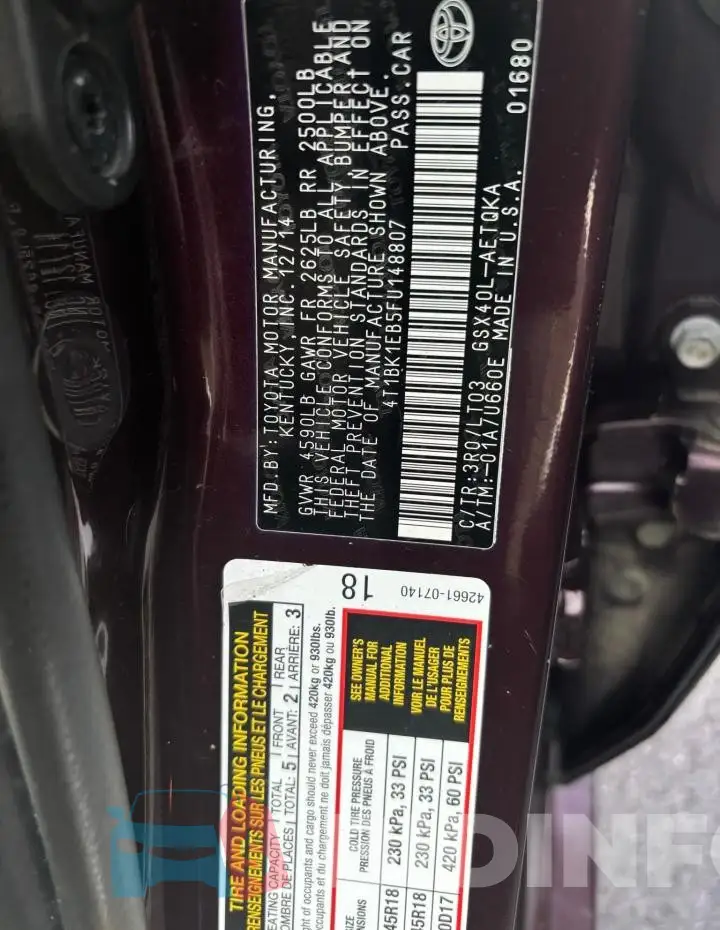 4T1BK1EB5FU148807 Photo# 10