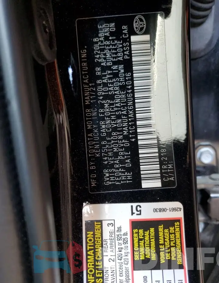 4T1C11AK6NU644016 Photo# 12