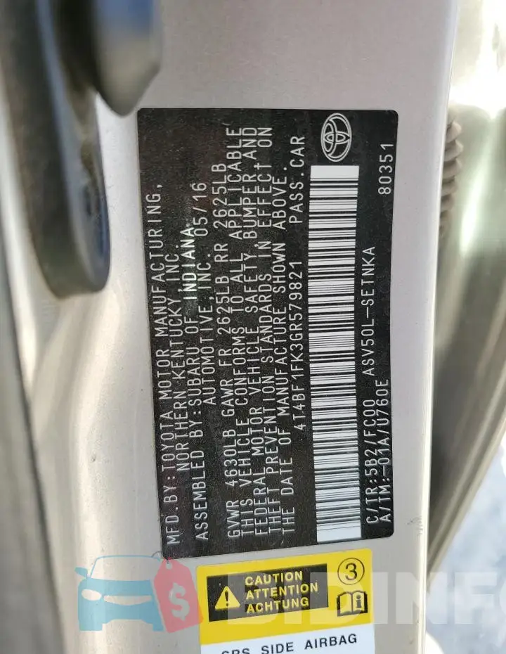 4T4BF1FK3GR579821 Photo# 12