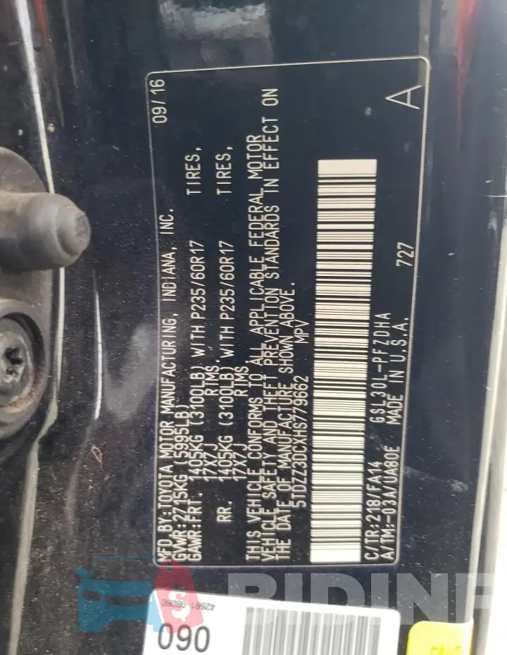 5TDZZ3DCXHS779662 Photo# 14