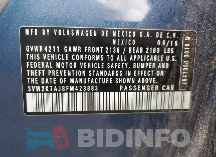 3VW2K7AJ8FM423883 Photo# 12