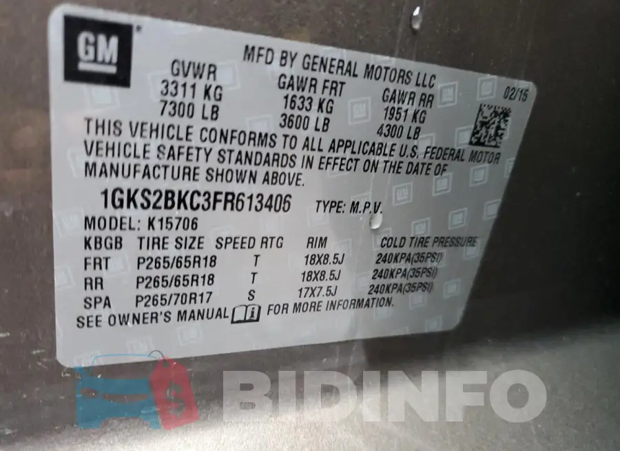 1GKS2BKC3FR613406 Photo# 12