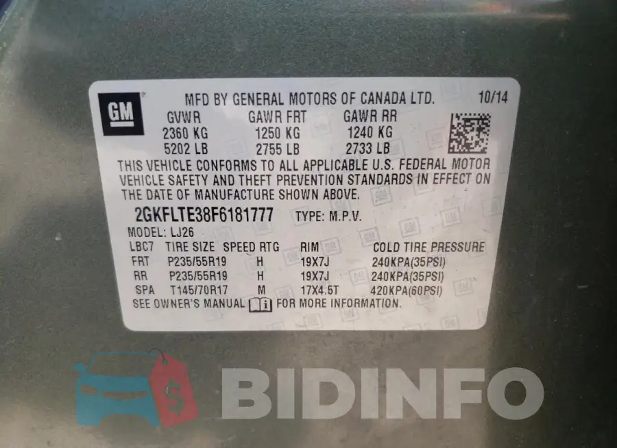 2GKFLTE38F6181777 Photo# 13