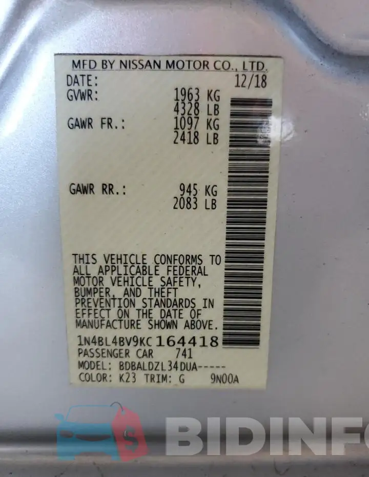 1N4BL4BV9KC164418 Photo# 12