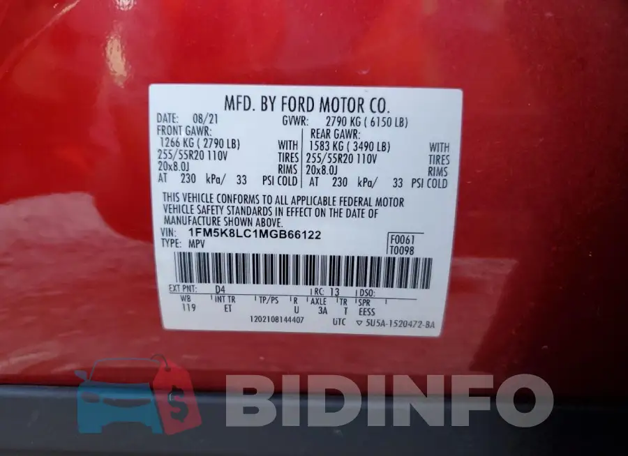 1FM5K8LC1MGB66122 Photo# 13