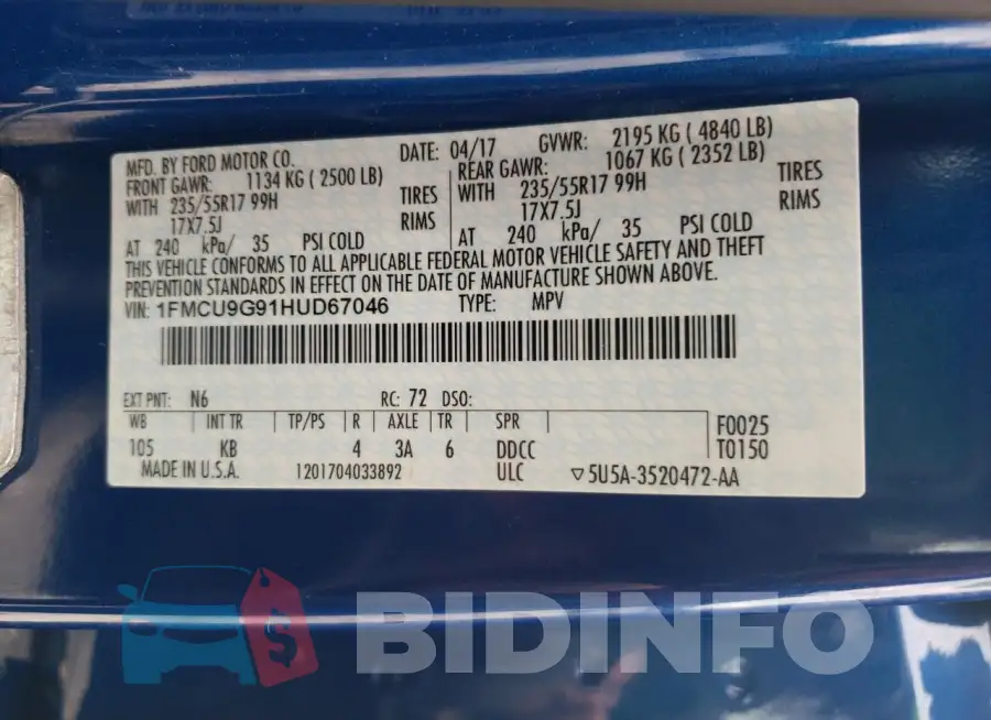 1FMCU9G91HUD67046 Photo# 14