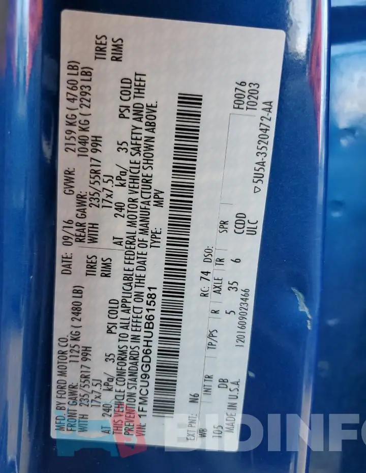 1FMCU9GD6HUB61581 Photo# 14