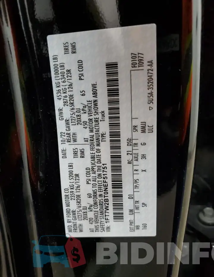 1FT7W2BT0NEF51751 Photo# 14