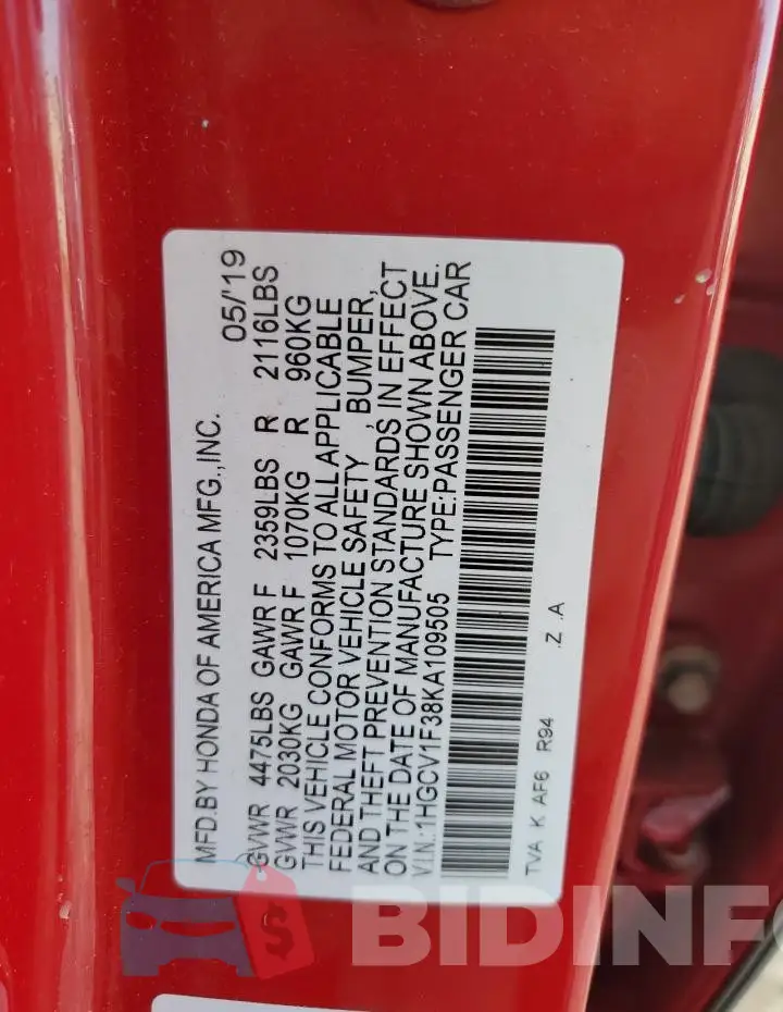 1HGCV1F38KA109505 Photo# 13