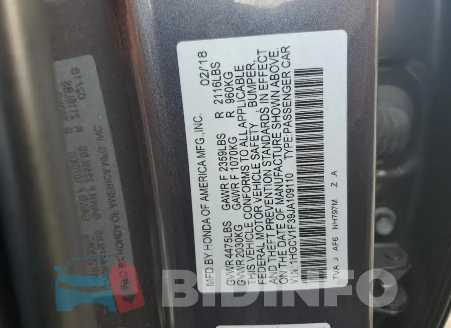 1HGCV1F39JA109110 Photo# 12
