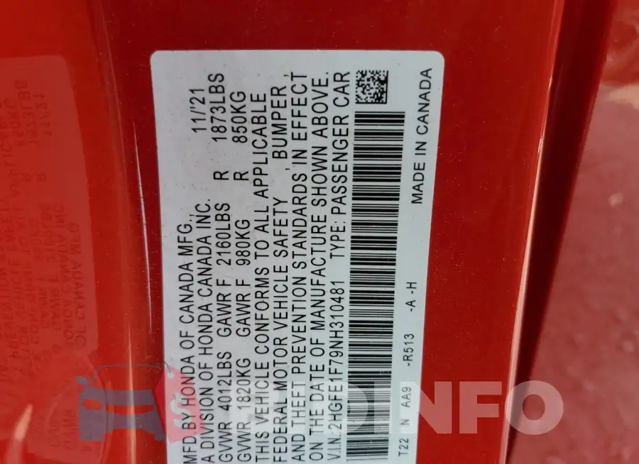 2HGFE1F79NH310481 Photo# 12