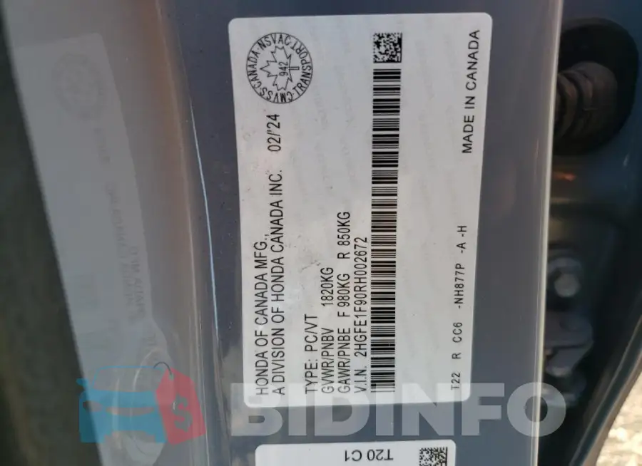 2HGFE1F90RH002672 Photo# 13