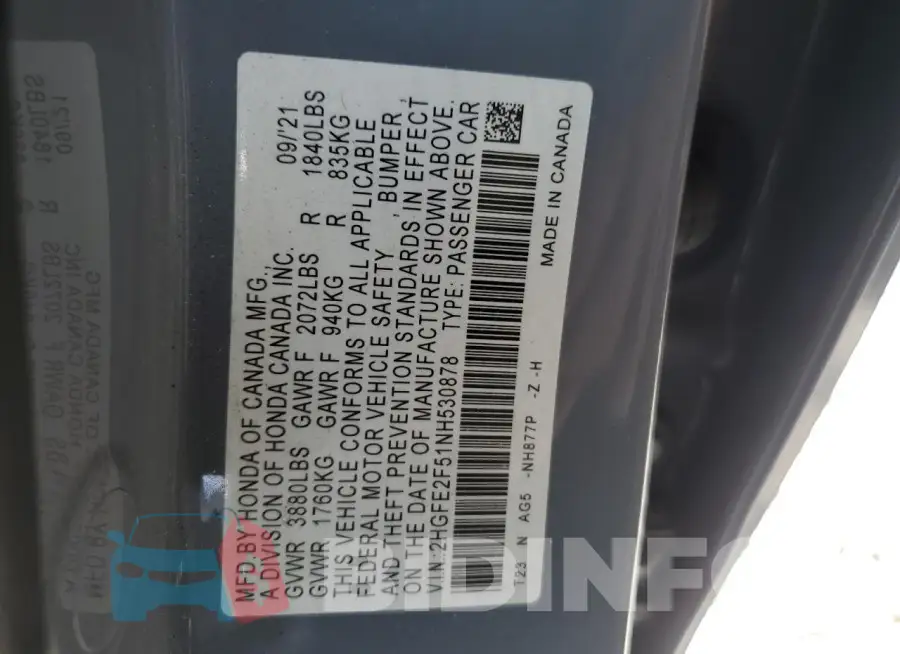 2HGFE2F51NH530878 Photo# 12