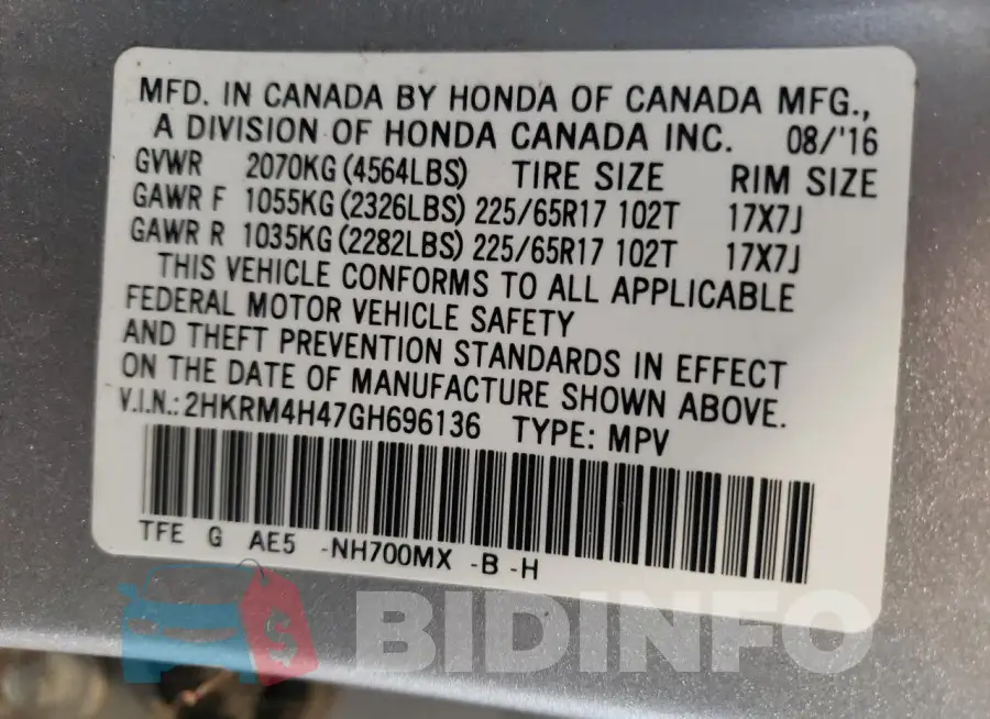 2HKRM4H47GH696136 Photo# 13