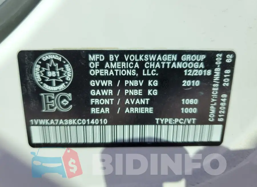 1VWKA7A38KC014010 Photo# 13