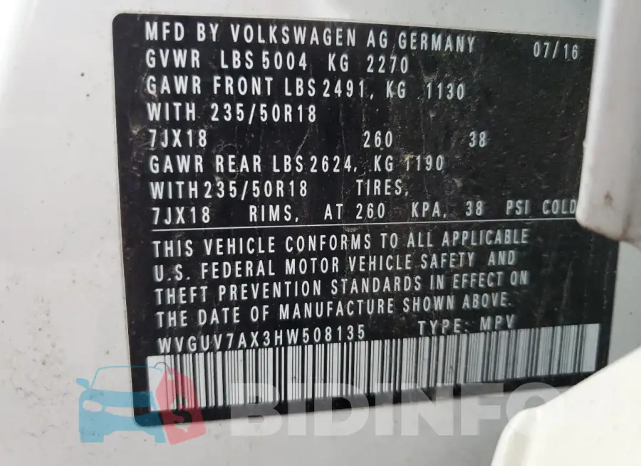 WVGUV7AX3HW508135 Photo# 14