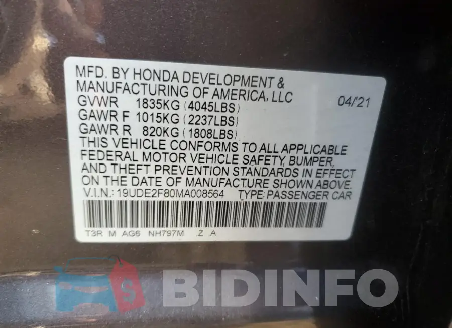 19UDE2F80MA008564 Photo# 12