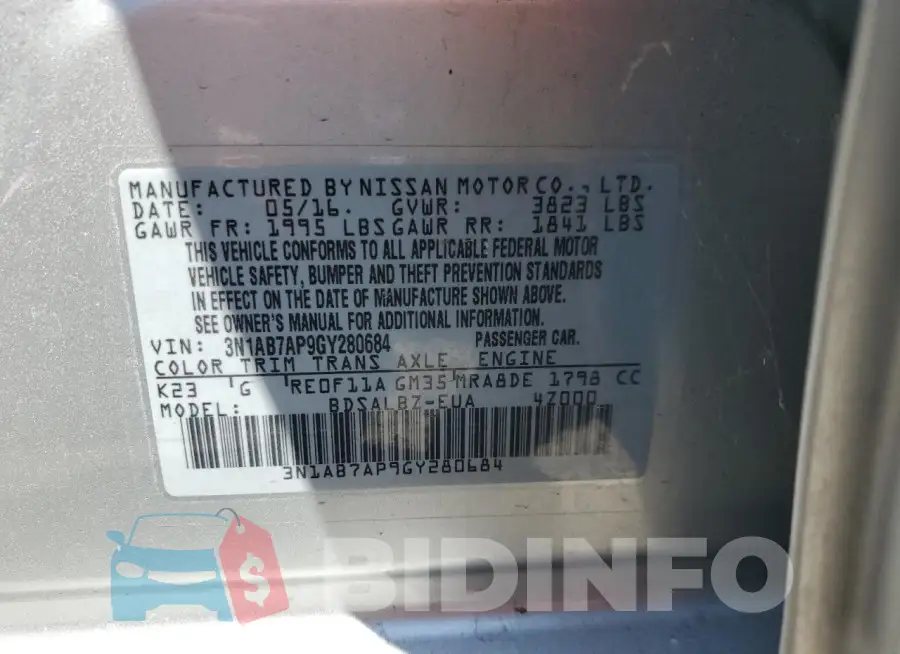 3N1AB7AP9GY280684 Photo# 13