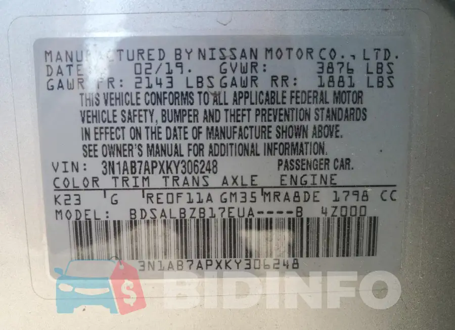 3N1AB7APXKY306248 Photo# 12