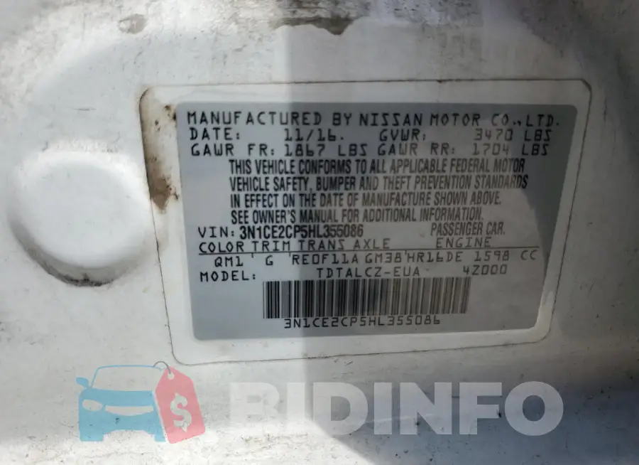 3N1CE2CP5HL355086 Photo# 13