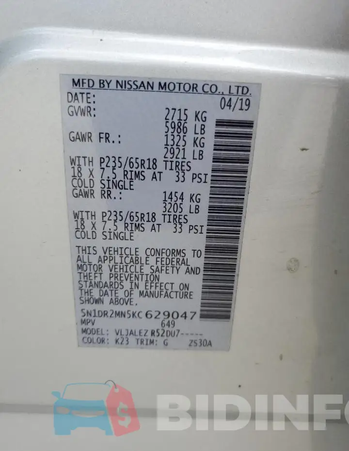 5N1DR2MN5KC629047 Photo# 12