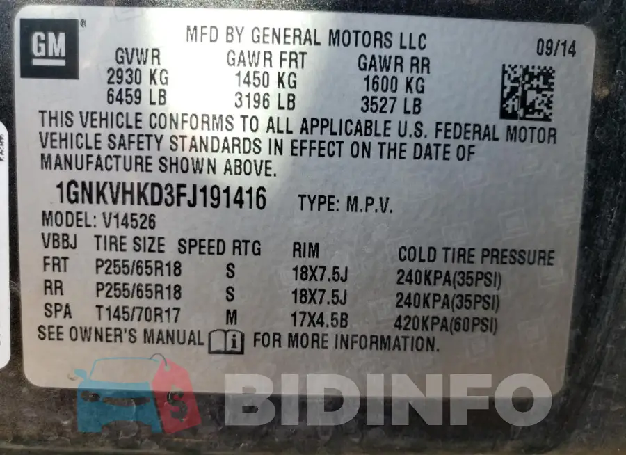 1GNKVHKD3FJ191416 Photo# 13