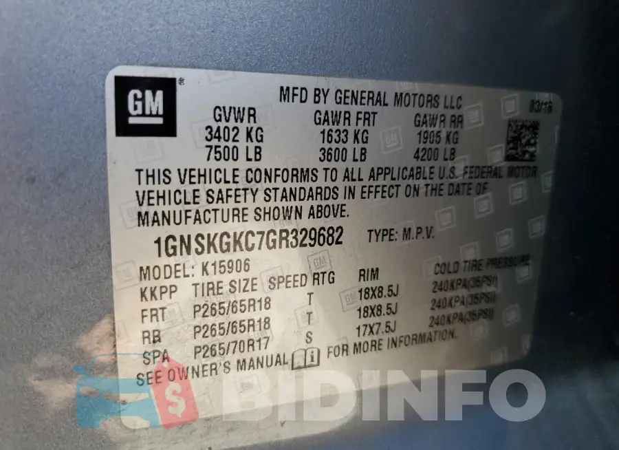 1GNSKGKC7GR329682 Photo# 13