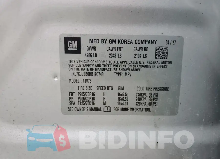 KL7CJLSB6HB190748 Photo# 14
