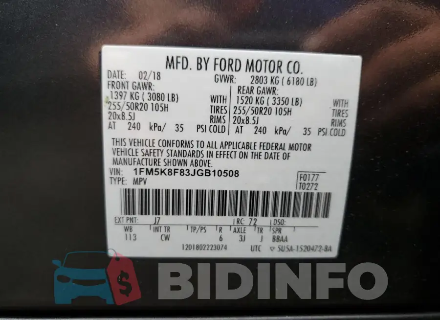 1FM5K8F83JGB10508 Photo# 13