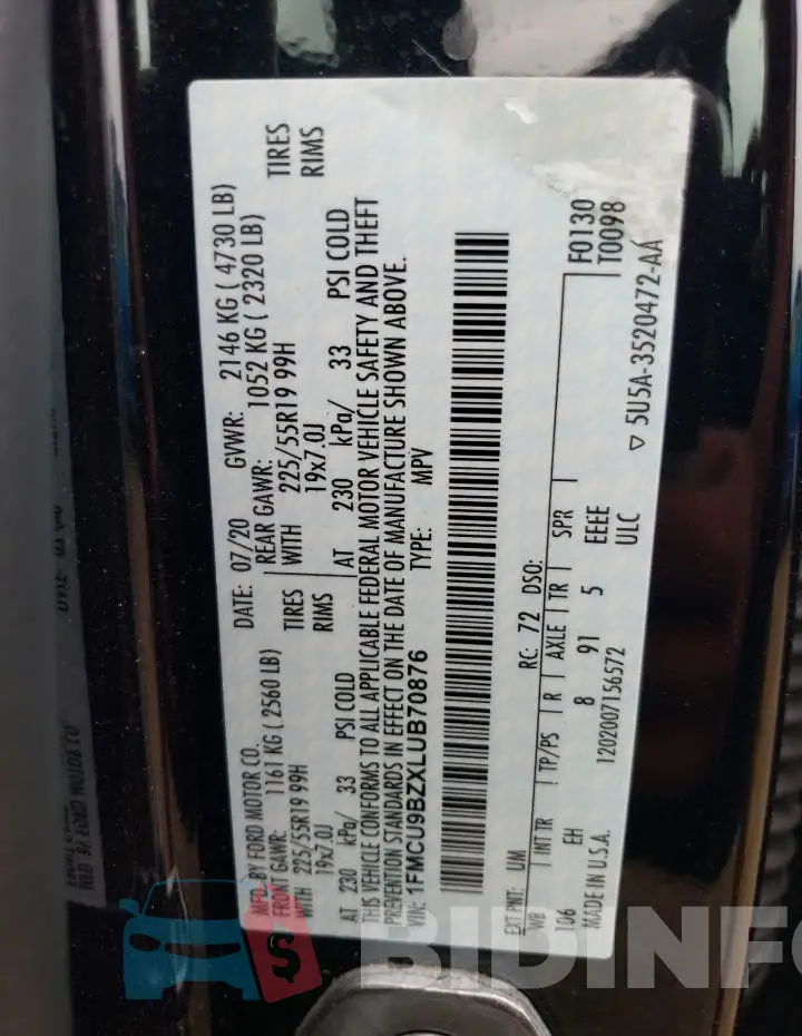 1FMCU9BZXLUB70876 Photo# 12