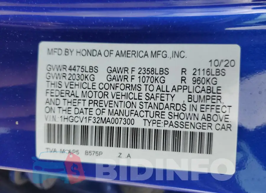 1HGCV1F32MA007300 Photo# 12