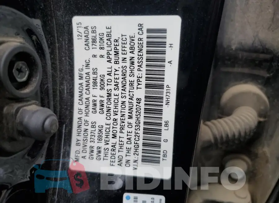 2HGFC2F53GH520748 Photo# 12