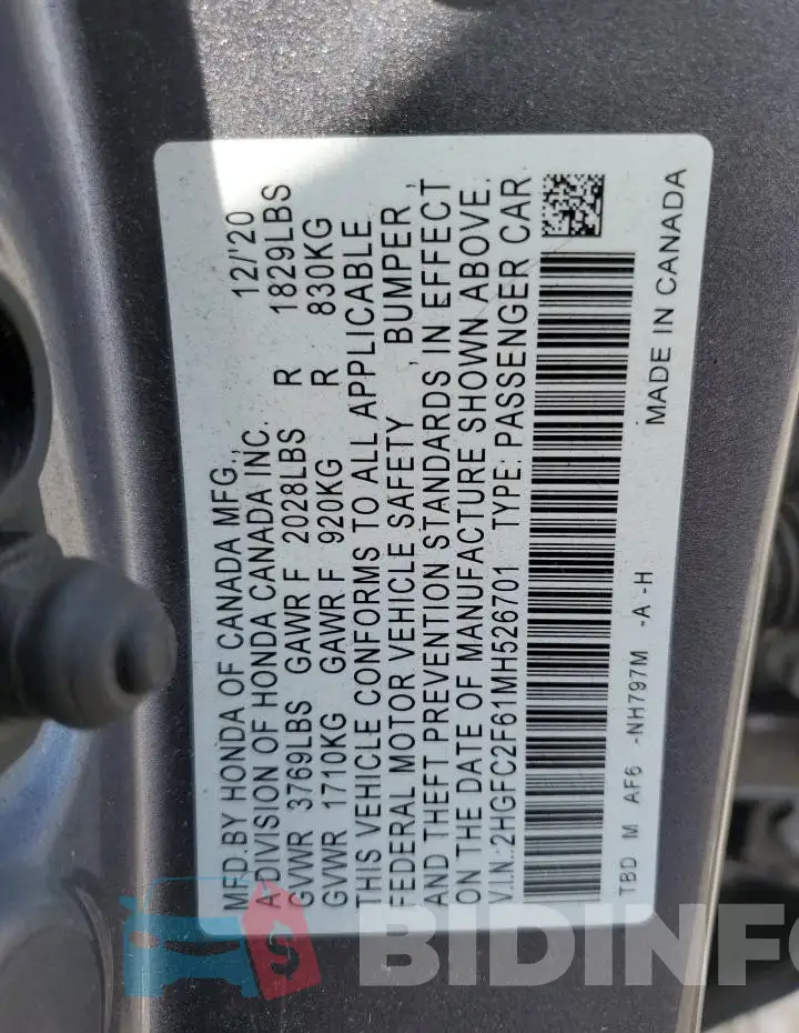 2HGFC2F61MH526701 Photo# 12
