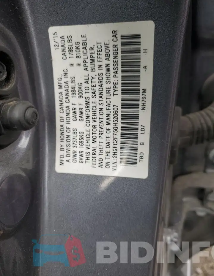 2HGFC2F75GH520607 Photo# 13