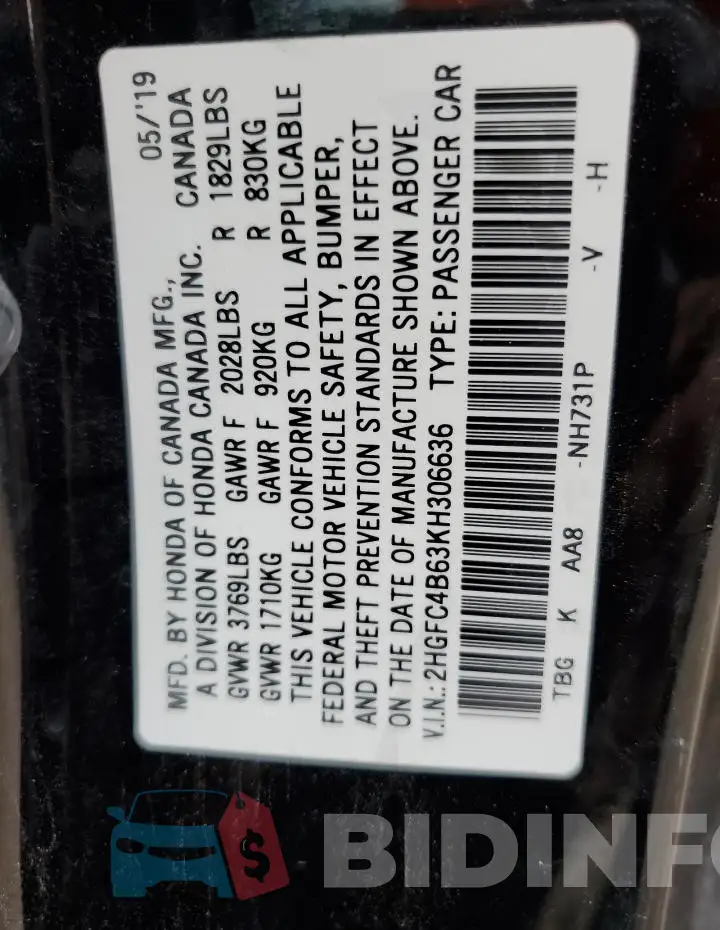 2HGFC4B63KH306636 Photo# 12
