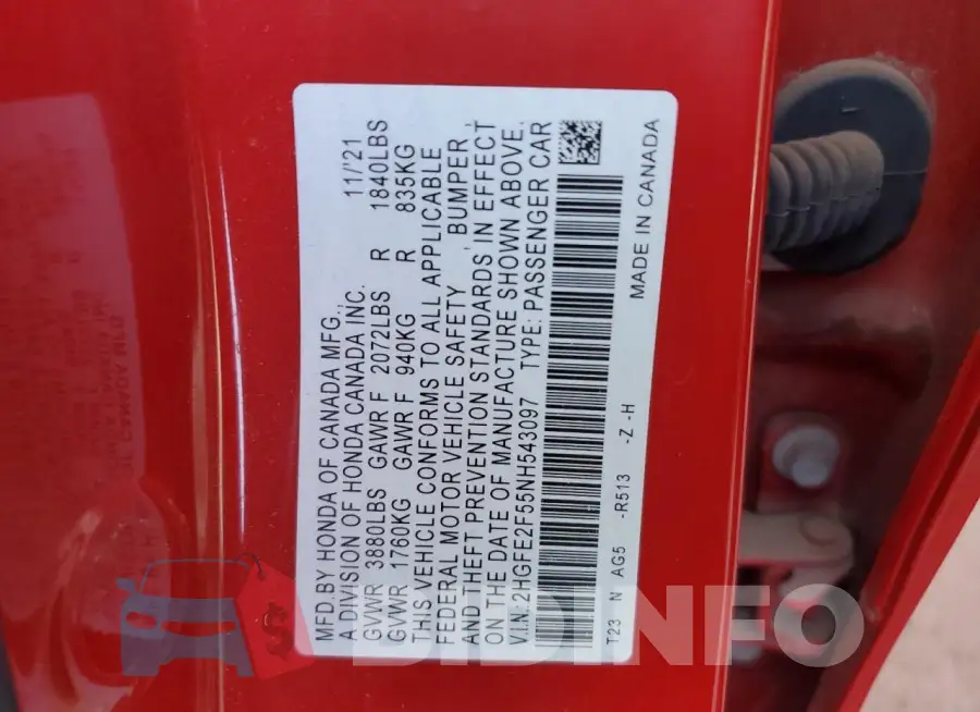 2HGFE2F55NH543097 Photo# 12