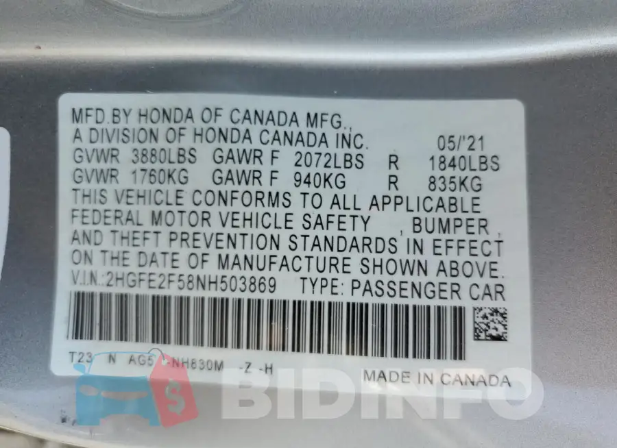 2HGFE2F58NH503869 Photo# 11