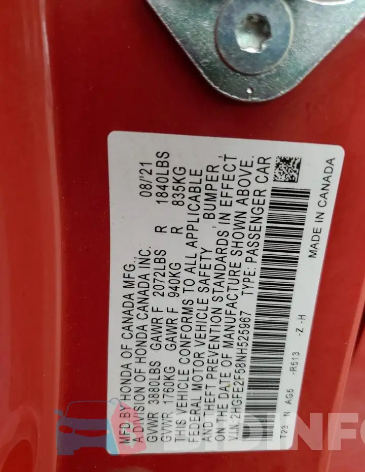 2HGFE2F58NH525967 Photo# 12