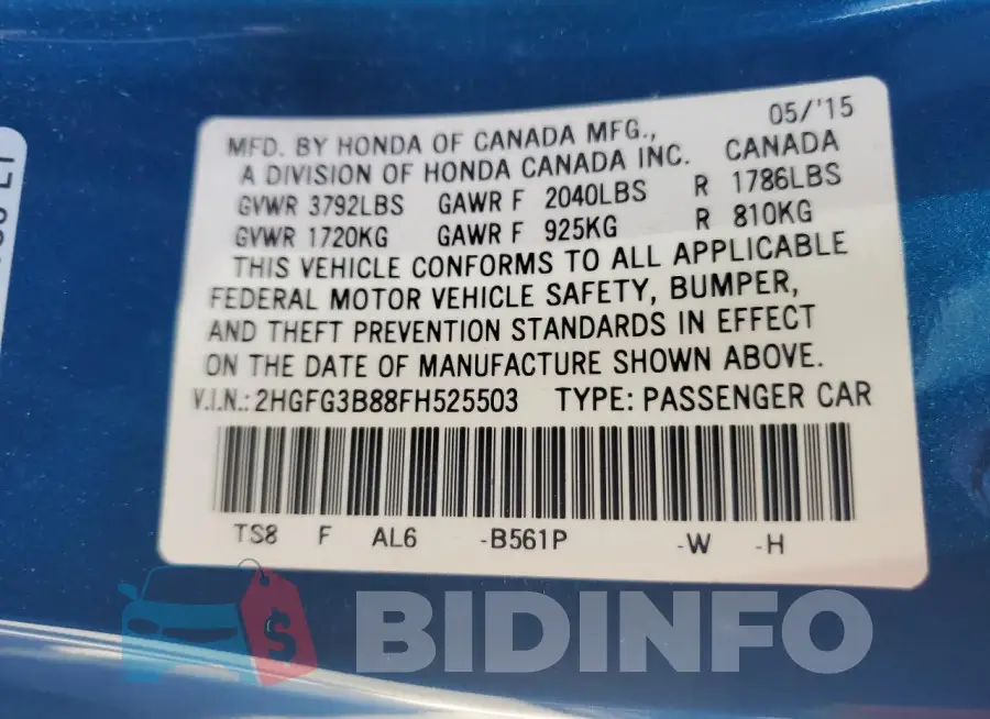 2HGFG3B88FH525503 Photo# 13