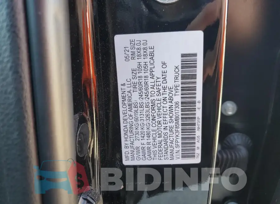 5FPYK3F85MB017306 Photo# 13