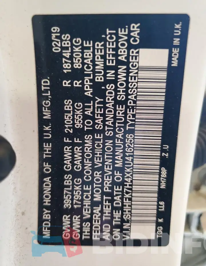 SHHFK7H4XKU416256 Photo# 12