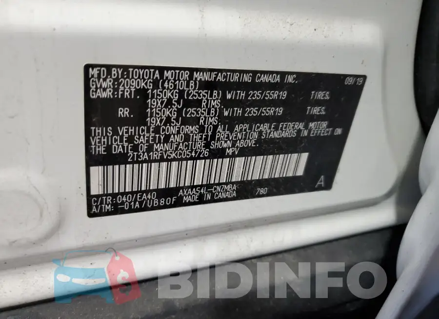 2T3A1RFV5KC054726 Photo# 13