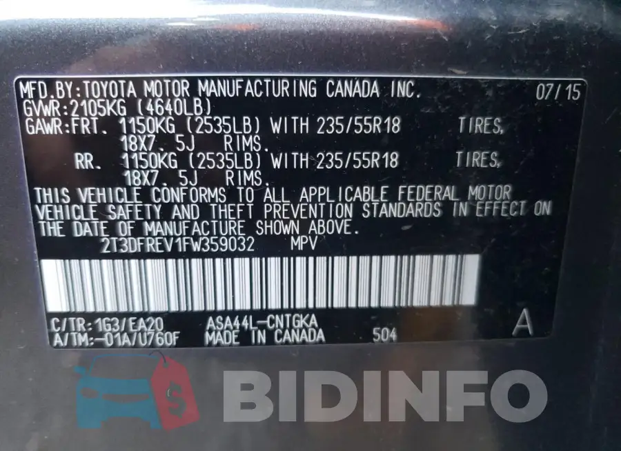2T3DFREV1FW359032 Photo# 13