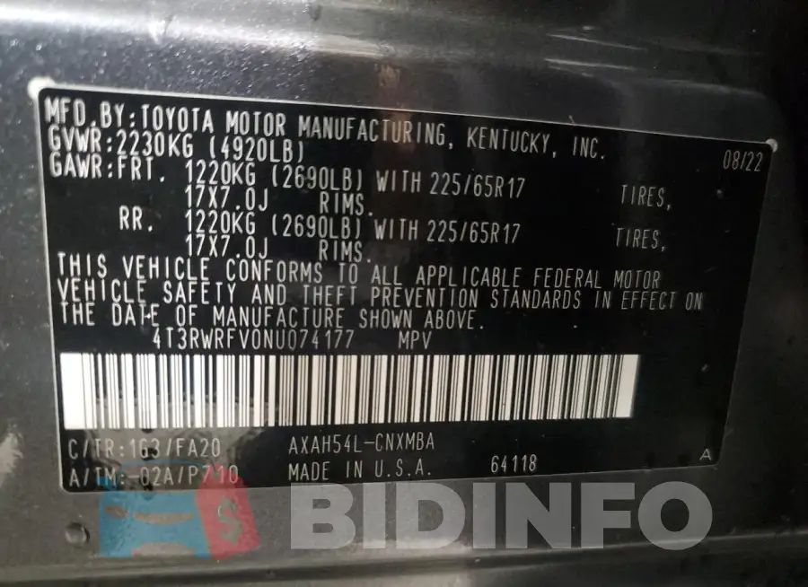 4T3RWRFV0NU074177 Photo# 14