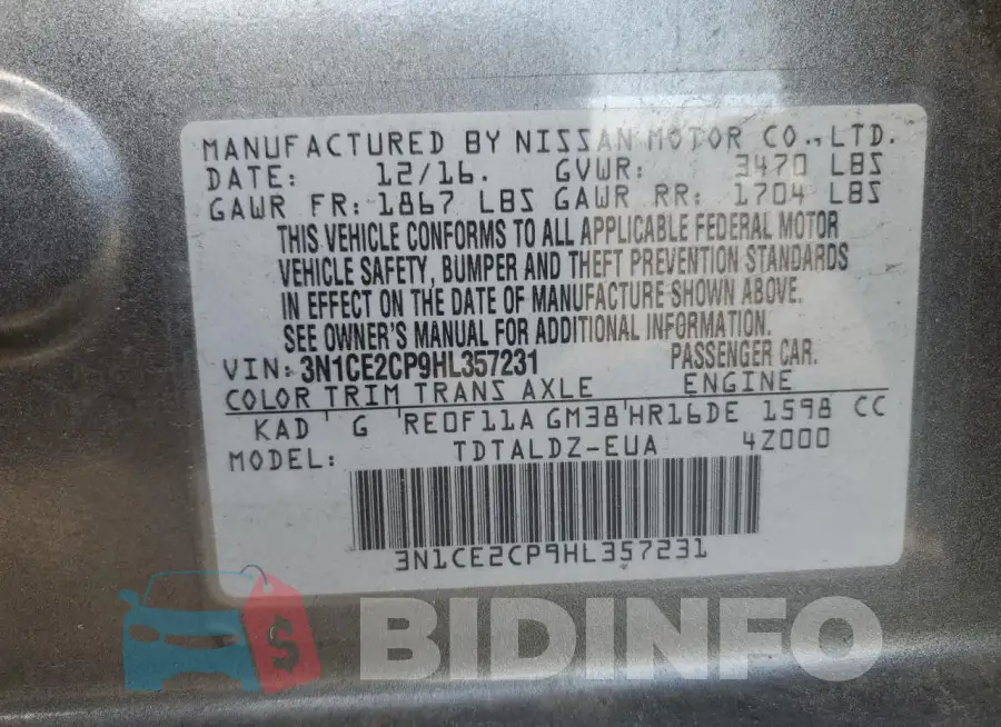 3N1CE2CP9HL357231 Photo# 12
