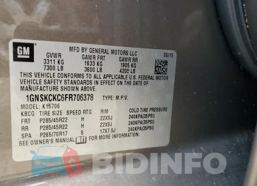 1GNSKCKC6FR706378 Photo# 14